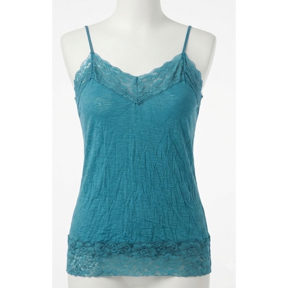 Vintage Y2K Teal Crinkle Camisole Top Size XL Fairy Coquette Lace Trim Boho